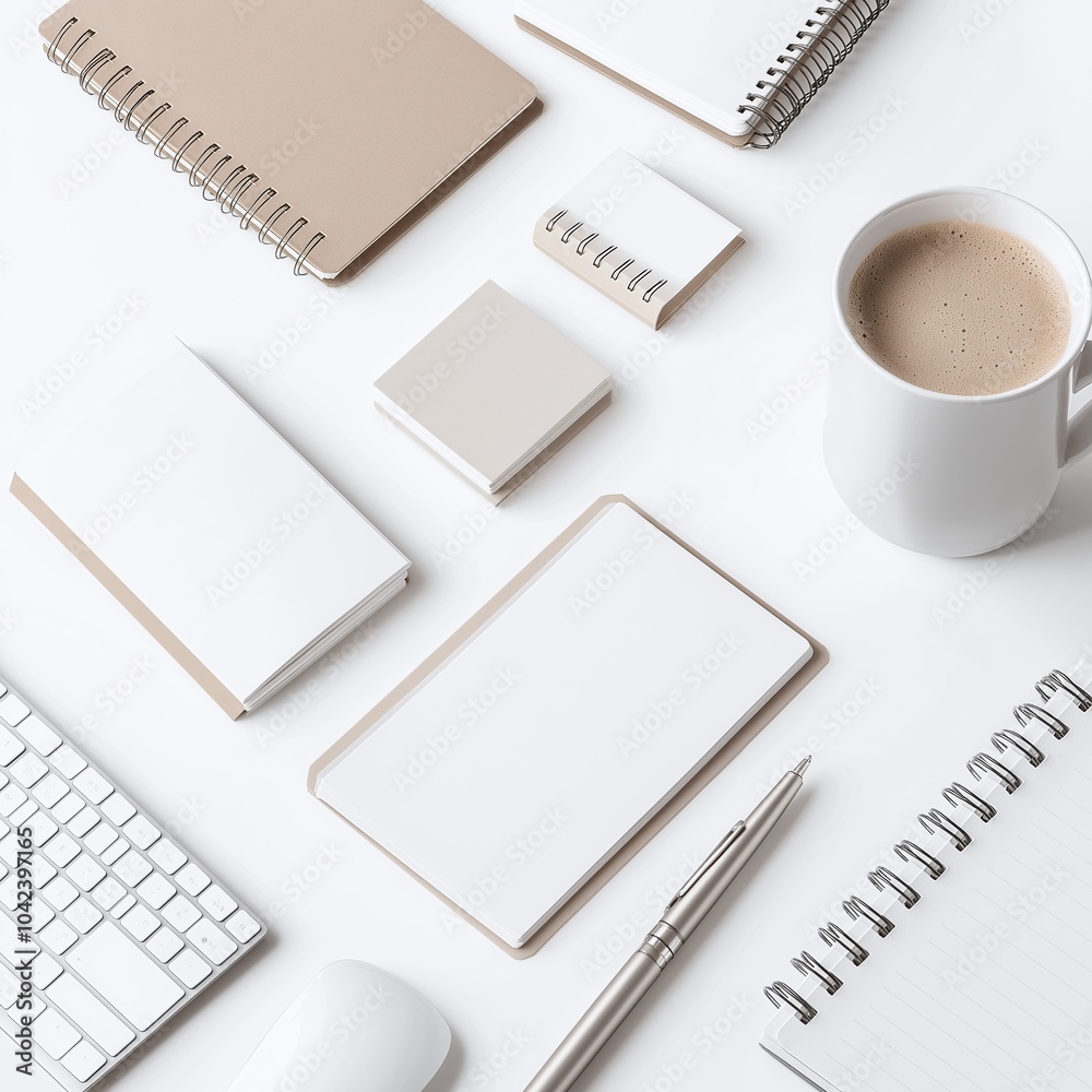 Top view of modern workspace with notebooks, keyboard, mouse, and coffee. Minimalist office setup for productivity and creativity. Top view of modern workspace with notebooks, keyboard, mouse, and coffee. Minimalist office setup for productivity and creativity.