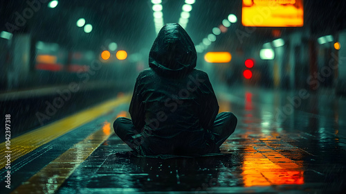 A solitary figure sits in a...