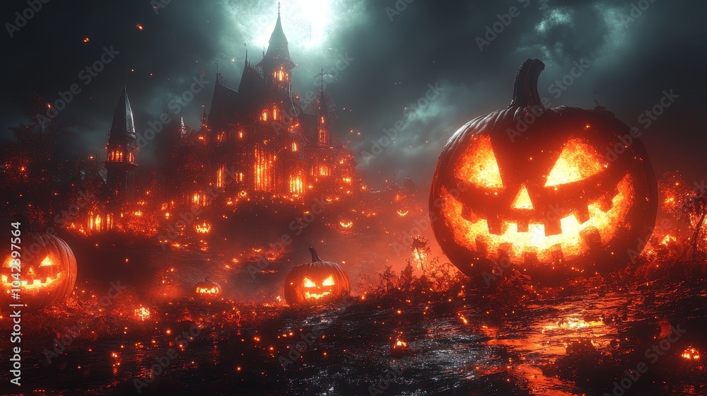 Naklejka premium Haunted house, glowing jack-o'-lanterns, and swirling mist create an eerie Halloween atmosphere under a bright full moon