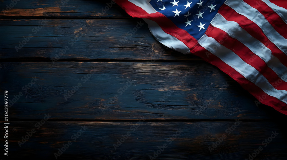Obraz premium American flag draped over a rustic wooden surface.