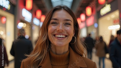 A young woman with long, wavy brown hair smiles brightly in a busy shopping mall with soft red and white lights in the background. 