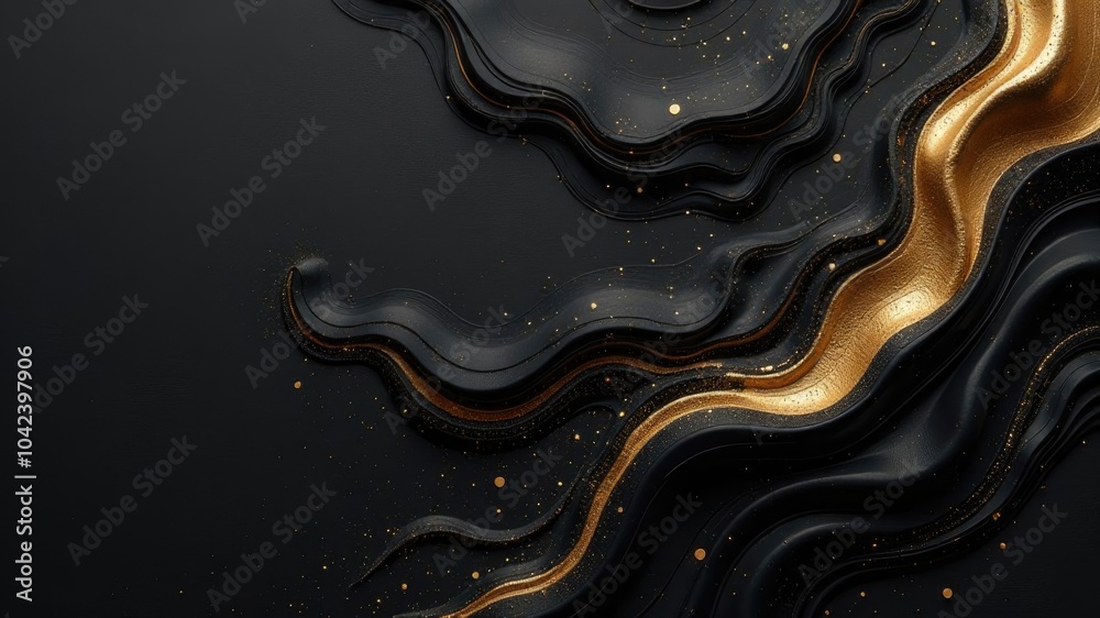 Abstract image features a stunning interplay of black and gold flowing waves, accentuated by shimmering particles, creating an elegant and luxurious composition.