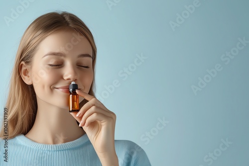 Young woman enjoying aroma from a small essential oil bottle. Positive emotions and relaxation concept on a blue background. photo