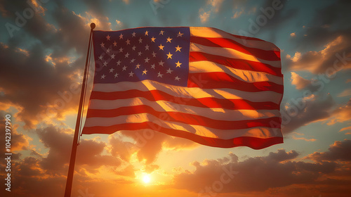 A U.S. flag waving against ...
