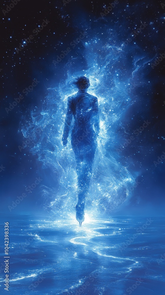 Luminous, ethereal figure walks gracefully across a glowing, cosmic landscape, surrounded by shimmering blue light and countless stars Luminous, ethereal figure walks gracefully across a glowing, cosmic landscape, surrounded by shimmering blue light and countless stars