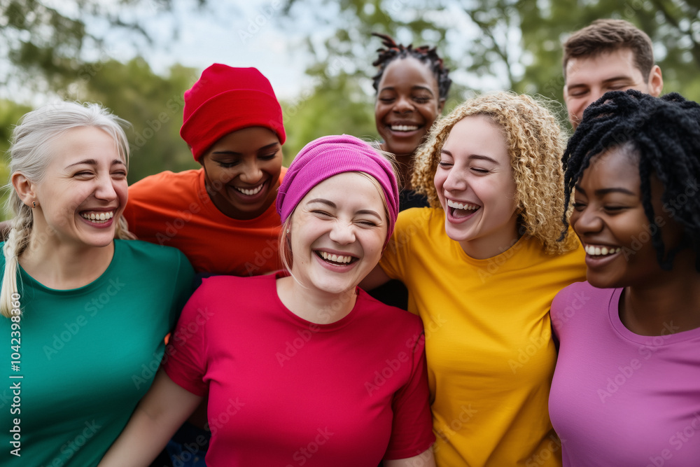 Obraz premium A group of friends from different backgrounds standing together, smiling and laughing in a relaxed outdoor setting. The essence of fun, connection, and diversity in friendship, diversity people