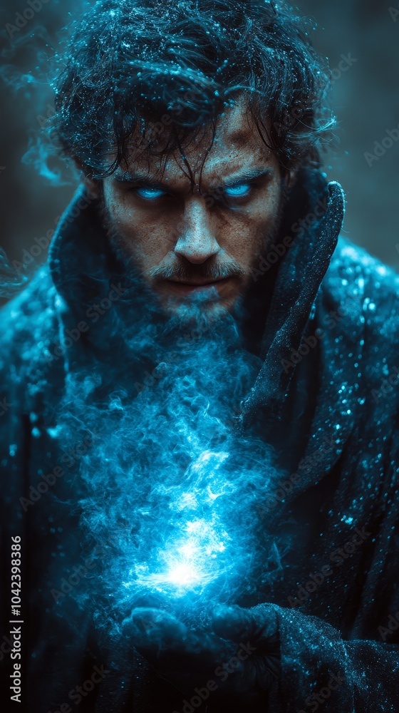 Mysterious figure with glowing blue eyes and hands appears surrounded by swirling blue mist, exuding an eerie aura Mysterious figure with glowing blue eyes and hands appears surrounded by swirling blue mist, exuding an eerie aura