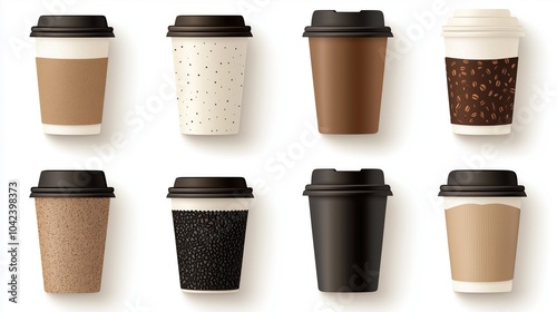 Wallpaper Mural Set of coffee cups in various designs and colors featuring brown, beige, and black tones. Each cup has unique patterns that create a cozy and inviting atmosphere, perfect for coffee lovers, mockup Torontodigital.ca