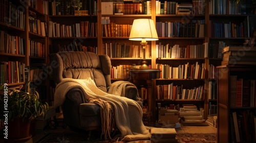 A cozy retreat for the avid reader complete with a snug armchair and a warm floor lamp casting a gentle glow over the pages of your favorite book. photo