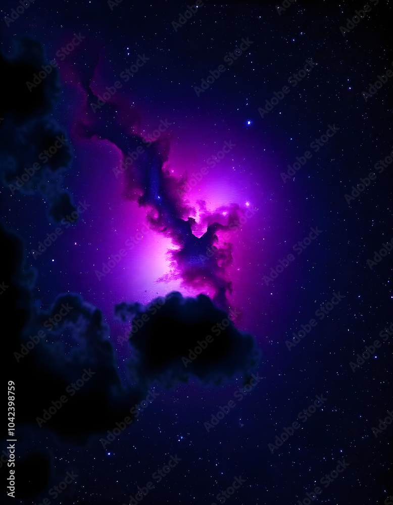 Obraz premium Mysterious nebula in deep space with luminous stars twinkling in the background, surrounded by dark billowing clouds, showcasing a vibrant color palette of purple, blue, and splashes of red.