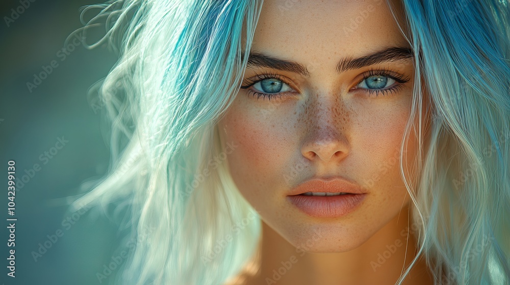 Fototapeta premium Person with blue eyes and blue-tinged hair stares intently, with soft lighting highlighting freckles and natural features