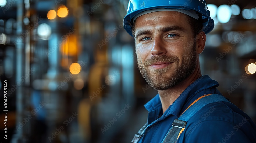 Man in a blue hard hat and work attire smiling, standing in an industrial setting Man in a blue hard hat and work attire smiling, standing in an industrial setting