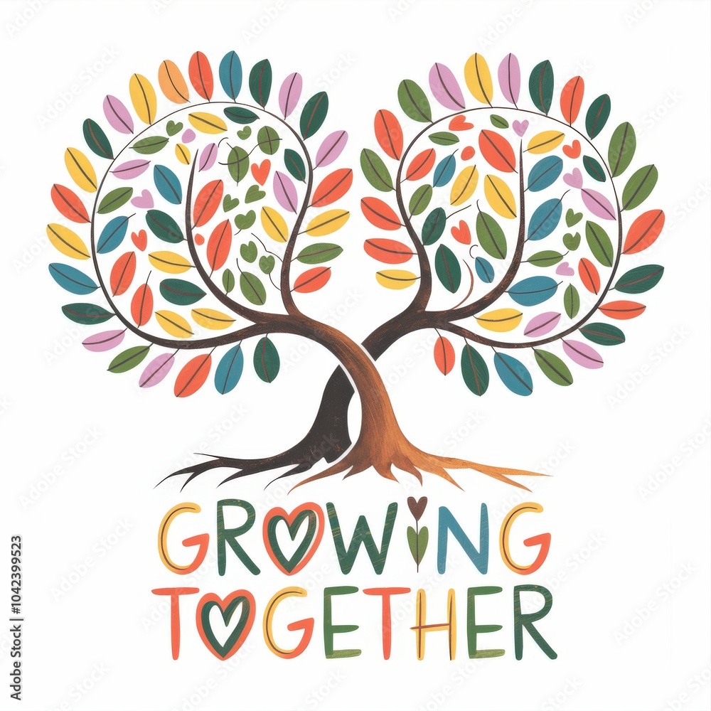 Obraz premium Colorful Heart-Shaped Trees with Vibrant Leaves and Growing Together Text