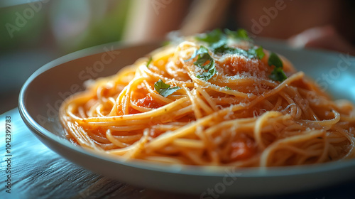 A plate of spaghetti topped...