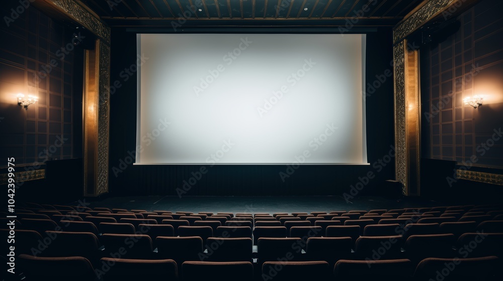 Empty of cinema in blue color with white blank screen. Mockup of hall, no people Empty of cinema in blue color with white blank screen. Mockup of hall, no people
