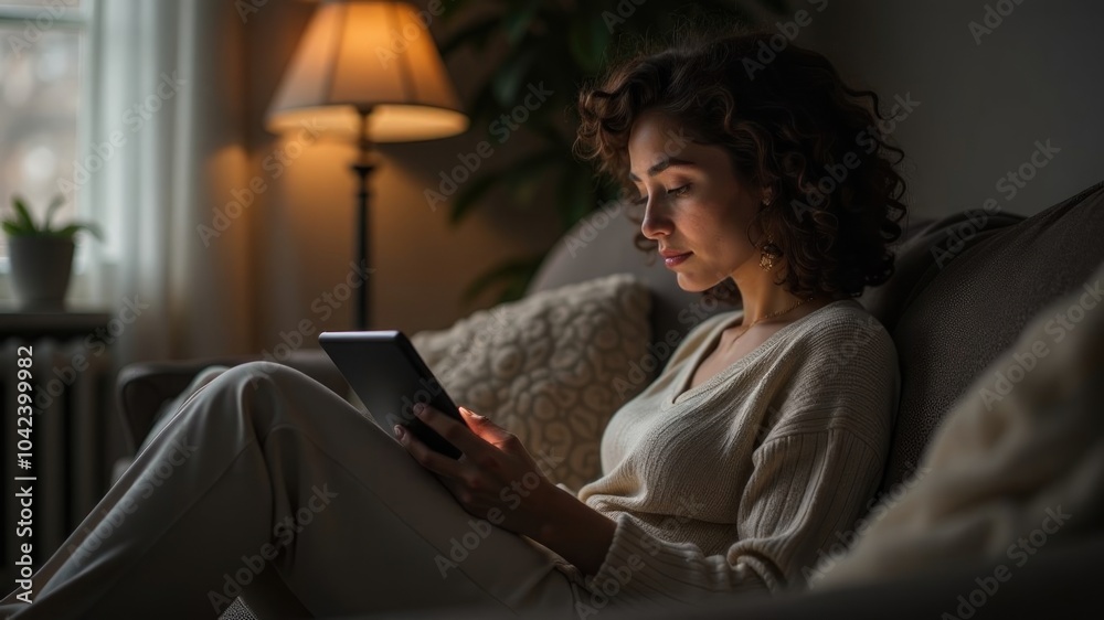 A woman is relaxing on a couch in her living room, using a tablet computer and basking in the warm light from a floor lamp. A woman is relaxing on a couch in her living room, using a tablet computer and basking in the warm light from a floor lamp.