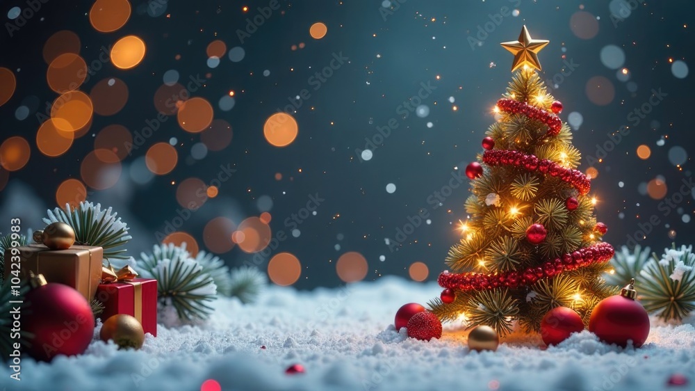A glowing Christmas tree with red and gold ornaments and gifts on a snowy surface with a dark blue and warm yellow bokeh background. A glowing Christmas tree with red and gold ornaments and gifts on a snowy surface with a dark blue and warm yellow bokeh background.