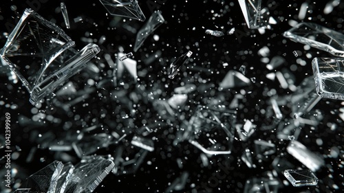 Shattered glass fragments in mid air on a dark background. Fragment of glass or broken mirror explosion with black background. Digital art for design and print. Abstract for texture. Destroy. AIG53. photo