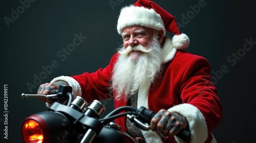 A cool Santa Claus with a white beard, with tattoos, wearing a red suit, is riding a red motorcycle against a grey background.