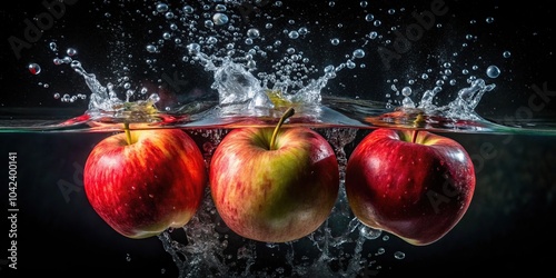Refreshing image of fresh apples submerged in water with droplets on a dark backdrop, minimalist