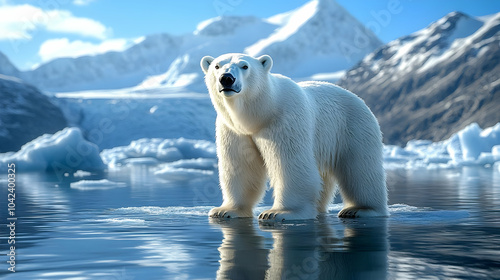 A polar bear stands on ice ...