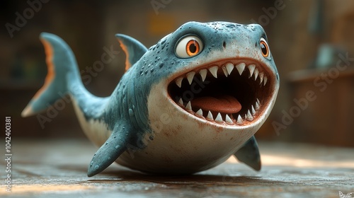 Playful, cartoon-style shark with big eyes and wide mouth, displaying a cheerful and friendly expression