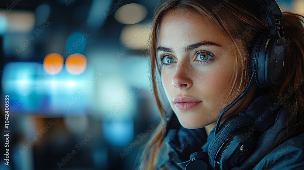 Person wearing large headphones is looking intently ahead, with a blurred background featuring some bright lights and colors Person wearing large headphones is looking intently ahead, with a blurred background featuring some bright lights and colors