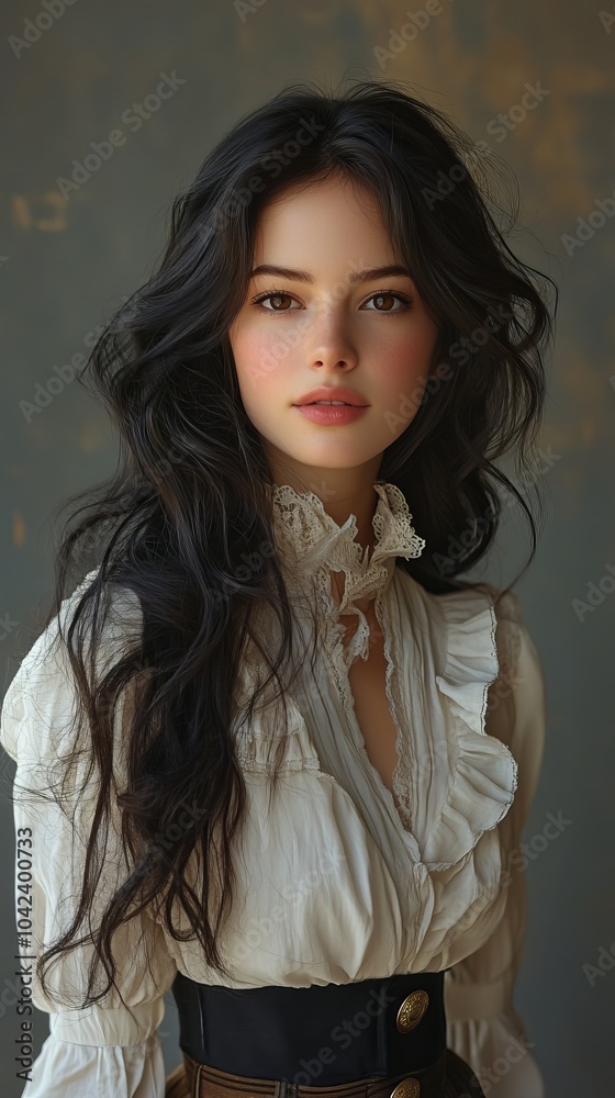 Person wearing a white blouse with lace details, featuring dark wavy hair and a serious expression Person wearing a white blouse with lace details, featuring dark wavy hair and a serious expression