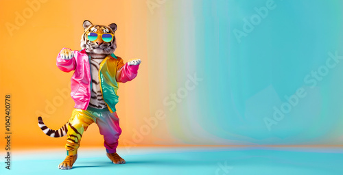 A digitally illustrated image of a happy and playful tiger character dancing with a vibrant and fashionable costume complete with colorful sunglasses against a surreal and imaginative background