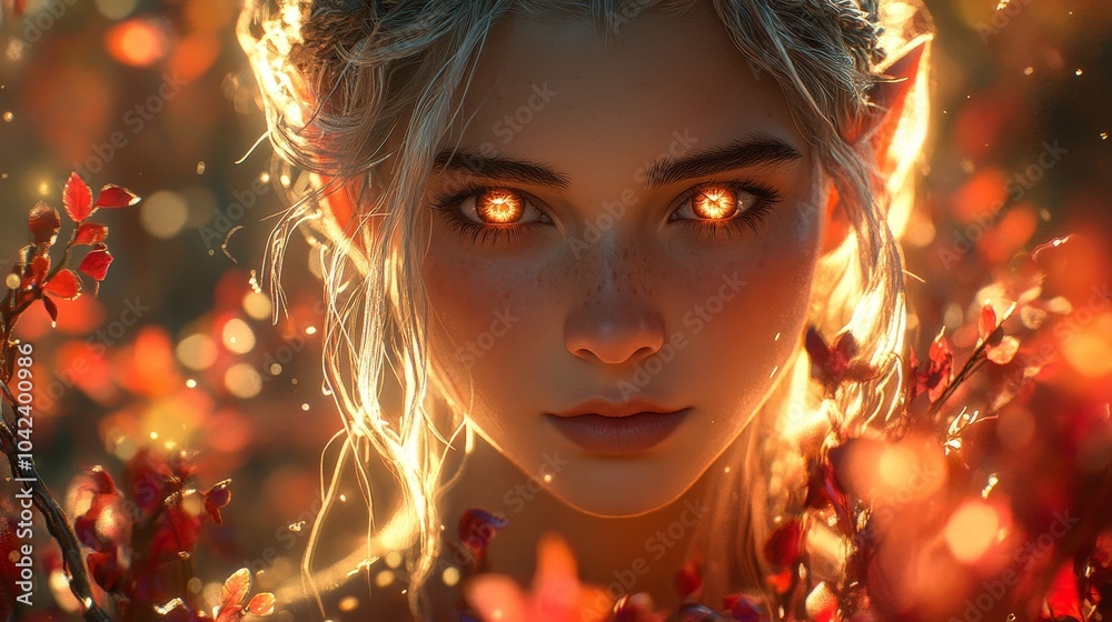 Ethereal being with glowing eyes surrounded by vibrant autumn leaves, creating a mystical, enchanting atmosphere