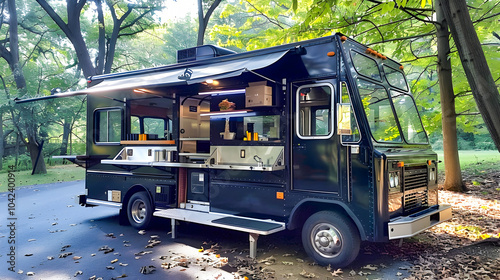 Black Food Truck Parked in Wooded Lot with Open Kitchen