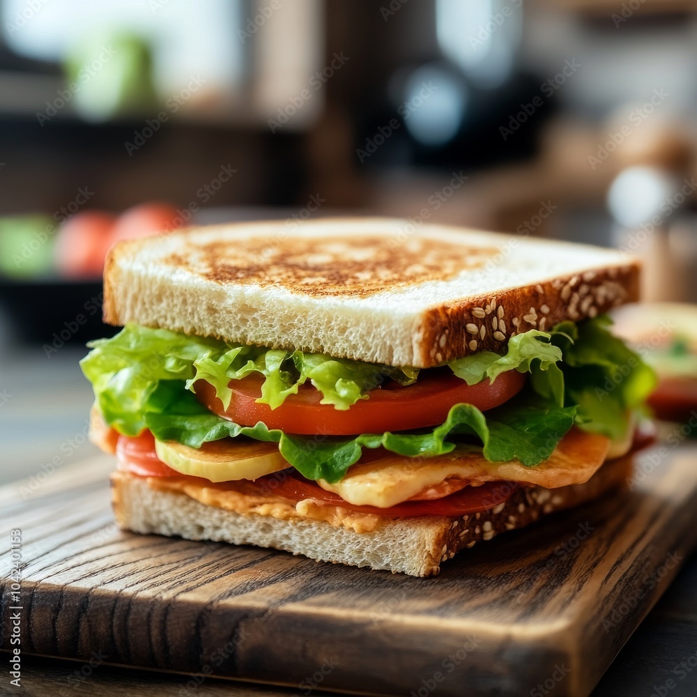 A freshly made sandwich with tomato, cheese, lettuce, and spread on toasted bread, sitting on a wooden cutting board. A freshly made sandwich with tomato, cheese, lettuce, and spread on toasted bread, sitting on a wooden cutting board.