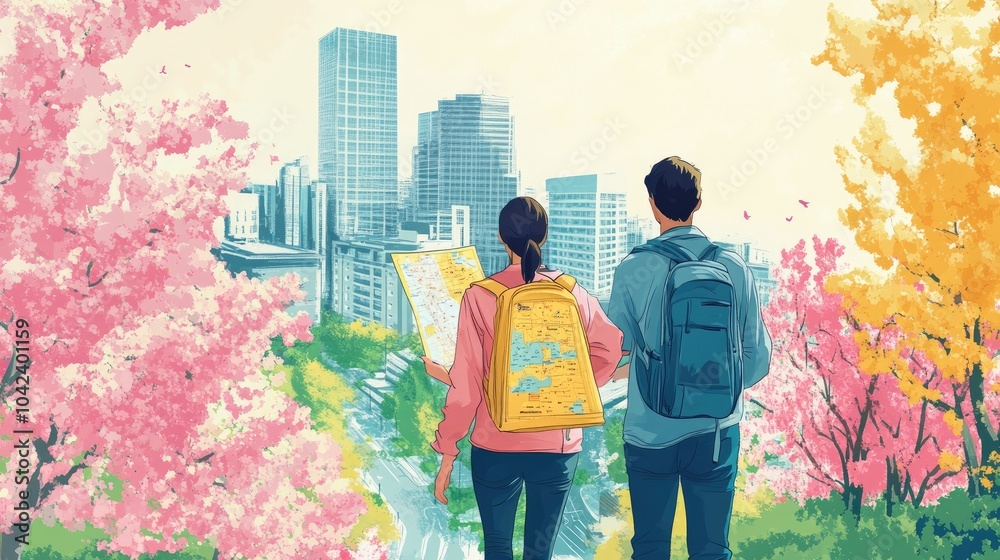 Couple looking at map, exploring a city with blooming trees. This photo represents travel and exploration. Couple looking at map, exploring a city with blooming trees. This photo represents travel and exploration.
