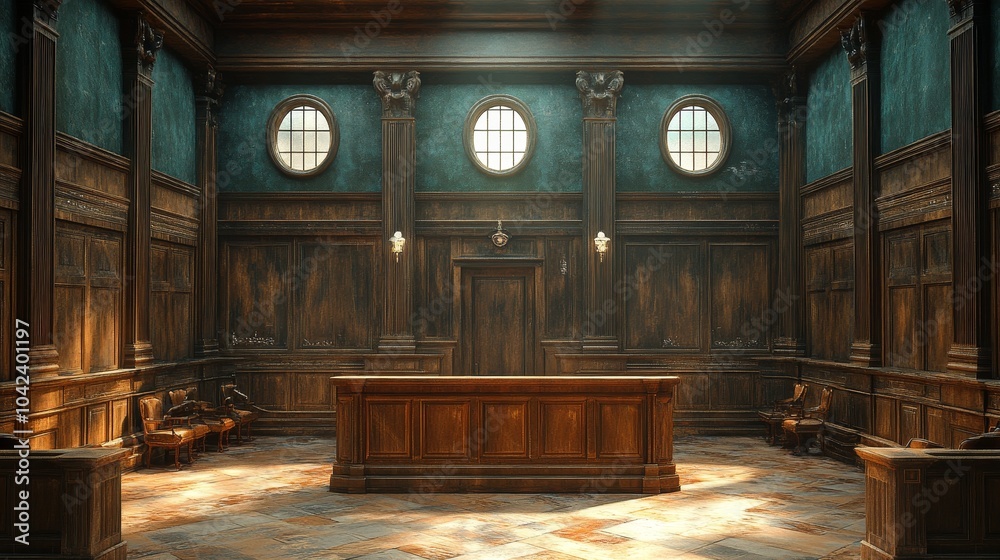 Fototapeta premium Empty, ornate courtroom with wooden benches, a central judge's desk, and large circular windows above