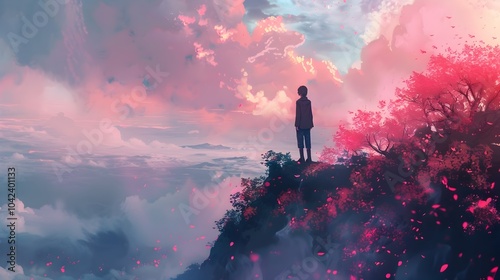 Man on a Cliff Overlooking a Pink Mountainscape in Nightcore Style