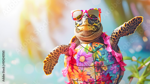 Playful and happy turtle wearing fashionable sunglasses and a vibrant  patterned outfit dancing with energy and joy on a colorful  dynamic background