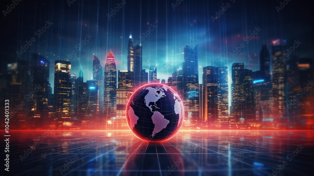 A hologram of a world map and cityscape, representing the concept of international business connections. A hologram of a world map and cityscape, representing the concept of international business connections.