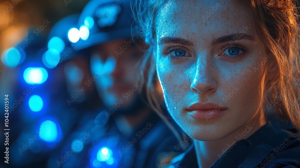 Woman with freckles and intense expression stands in focus, while blurred figures with blue lights appear in the background Woman with freckles and intense expression stands in focus, while blurred figures with blue lights appear in the background