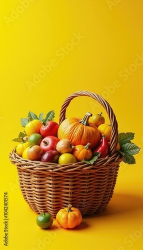 A vibrant basket filled with fresh fruits and pumpkins against a cheerful yellow backdrop, perfect for autumn themed projects or healthy lifestyle promotions. photo