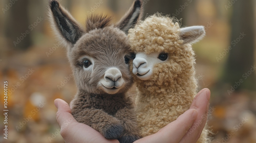 Pair of adorable plush animal toys, resembling a llama and an alpaca, nestled in someone's hands Pair of adorable plush animal toys, resembling a llama and an alpaca, nestled in someone's hands