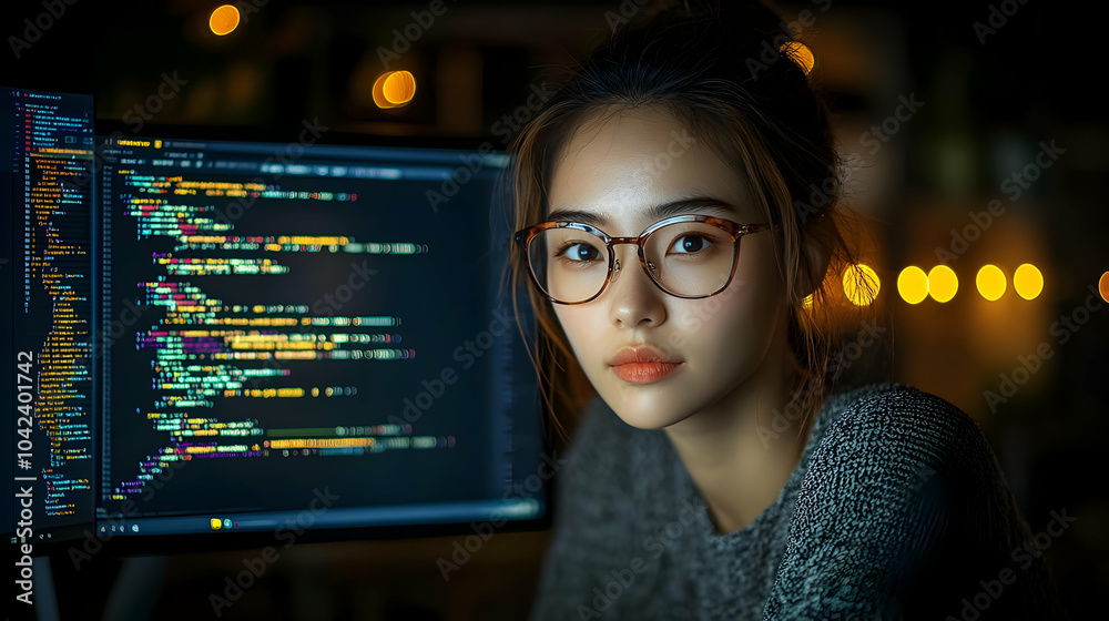 A young woman with glasses focuses on coding at a computer screen. A young woman with glasses focuses on coding at a computer screen.