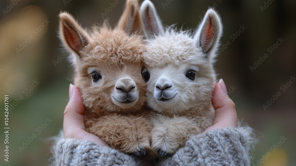 Shows two adorable alpaca plush toys, one brown and one white, being held closely by someone's hands Shows two adorable alpaca plush toys, one brown and one white, being held closely by someone's hands