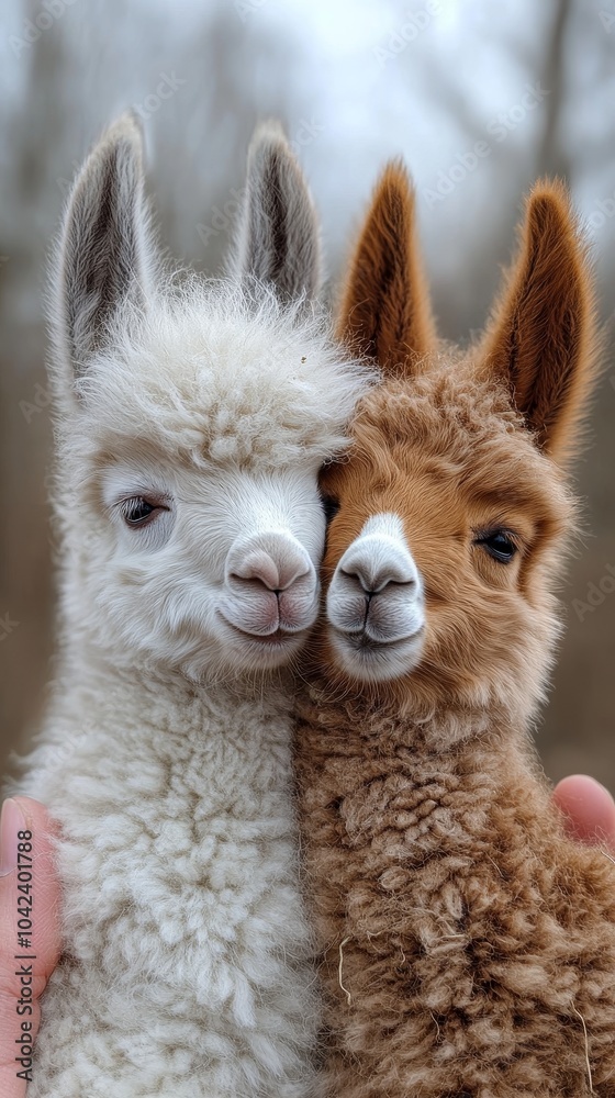 Obraz premium Two fluffy baby alpacas cuddle closely with content expressions, surrounded by soft natural light, creating an endearing and peaceful scene