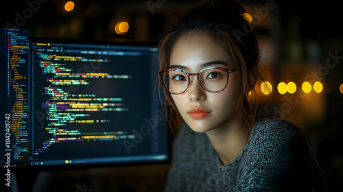 A young woman with glasses ...