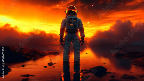 Astronaut standing in water...