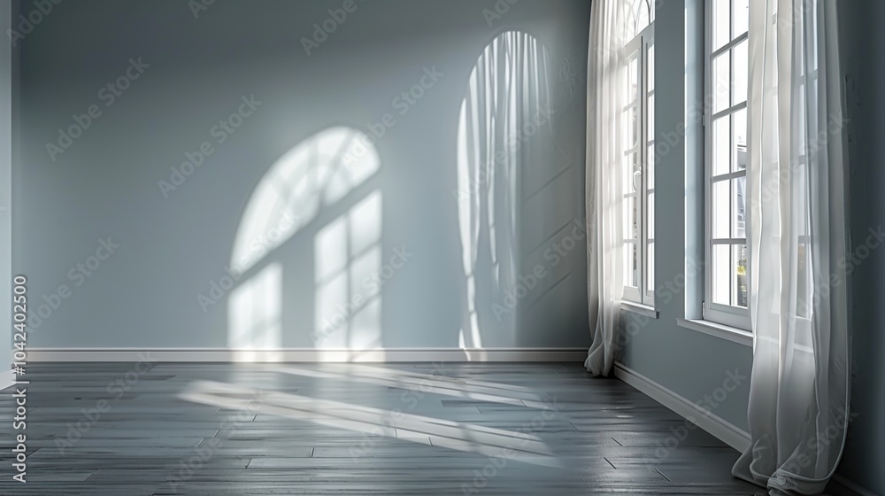 Empty room with large windows and sunlight streaming through. Empty room with large windows and sunlight streaming through.