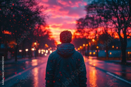 Man Standing in a Wet Street at Dusk with a Vibrant Sky