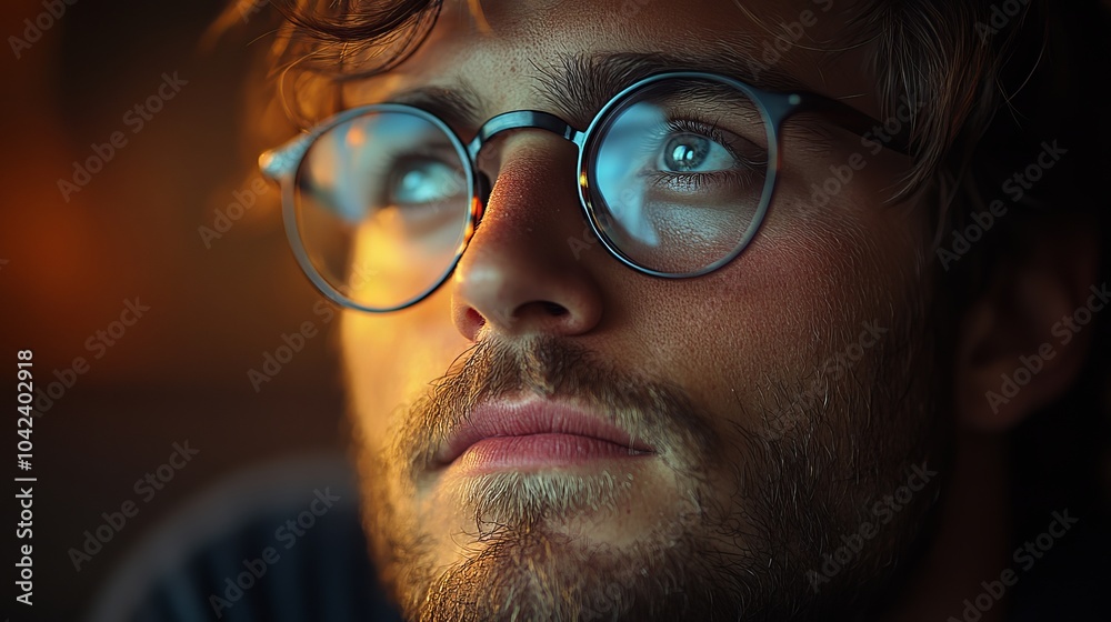 Person with glasses and a beard gazes upwards thoughtfully, illuminated by a warm light in a close-up shot Person with glasses and a beard gazes upwards thoughtfully, illuminated by a warm light in a close-up shot