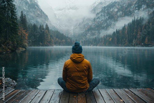 Man Sitting on Wooden Dock Overlooking Misty Lake and Mountains