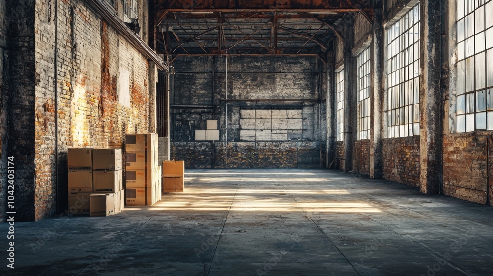 Sunlight streaming through large windows in an empty warehouse Sunlight streaming through large windows in an empty warehouse